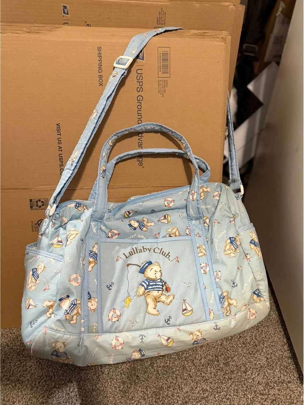 Vintage Lullaby Club Baby Diaper Bag with Changing Pads and Clear Pouch